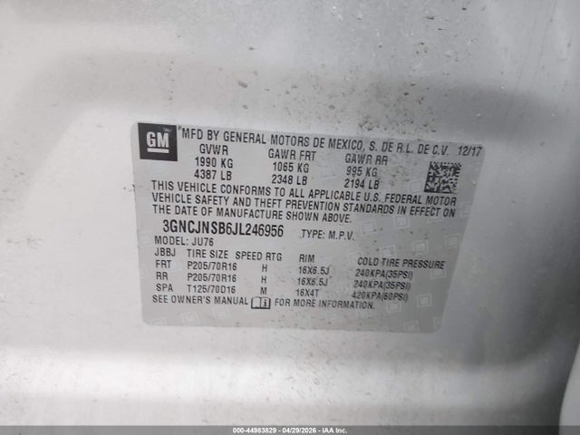 2018 Chevrolet Trax Ls მანქანა იყიდება აუქციონზე, vin: 3GNCJNSB6JL246956, აუქციონის ნომერი: 44983829