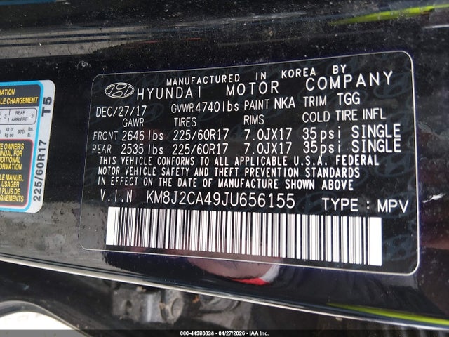2018 Hyundai Tucson Se მანქანა იყიდება აუქციონზე, vin: KM8J2CA49JU656155, აუქციონის ნომერი: 44983834