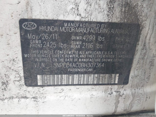 Продажа на аукционе авто 2011 Hyundai Sonata Se, vin: 5NPEC4AC0BH307364, номер лота: 44983843