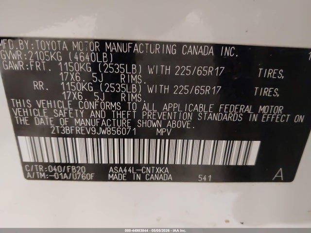 Aukcja sprzedaży 2018 Toyota Rav4 Le, vin: 2T3BFREV9JW856071, numer aukcji: 44983844