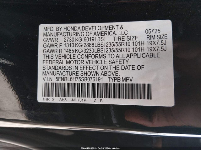 5FNRL6H75SB076191 Honda Odyssey Sport-l