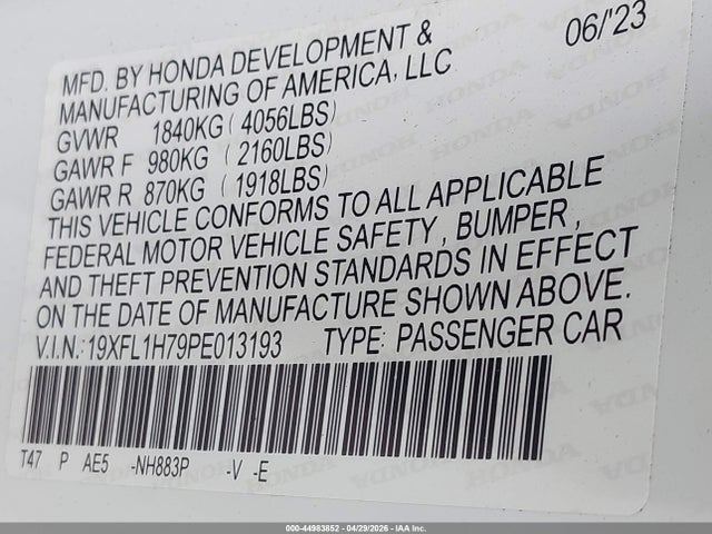 44983852 :رقم المزاد ، 19XFL1H79PE013193 vin ، 2023 Honda Civic Ex-l/ex-l W/o Bsi مزاد بيع
