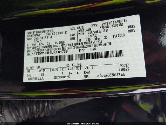 44983864 :رقم المزاد ، 1FTEW1EB4LKE81738 vin ، 2020 Ford F-150 Xl مزاد بيع