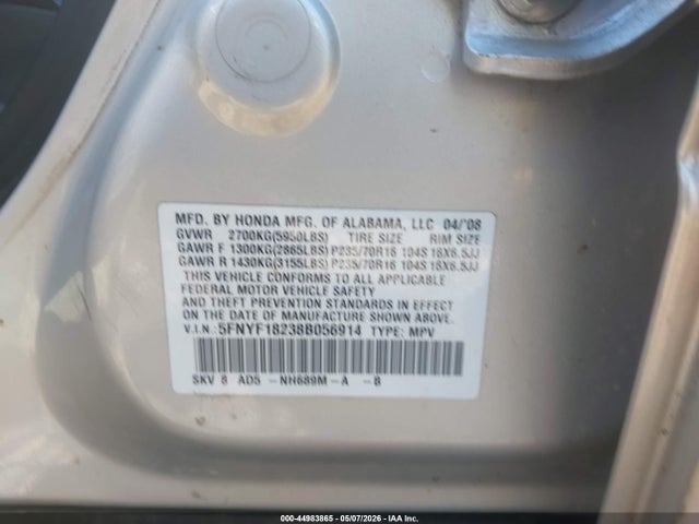 Продаж на аукціоні авто 2008 Honda Pilot Vp, vin: 5FNYF18238B056914, номер лоту: 44983865