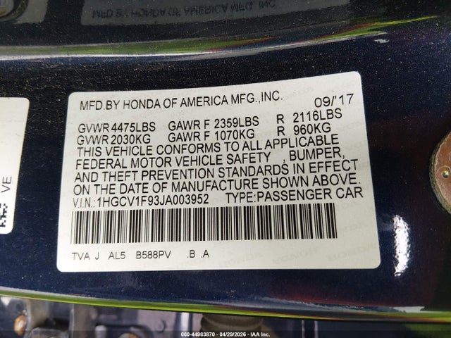 44983870 :رقم المزاد ، 1HGCV1F93JA003952 vin ، 2018 Honda Accord Touring مزاد بيع