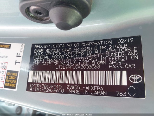 JTDL9RFU0K3003063 Toyota Prius Le