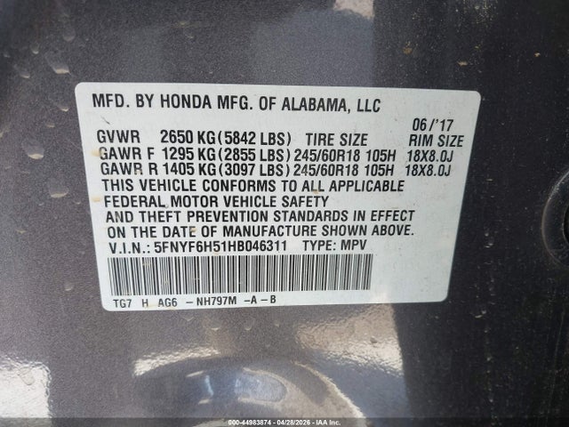 5FNYF6H51HB046311 Honda Pilot Ex-l