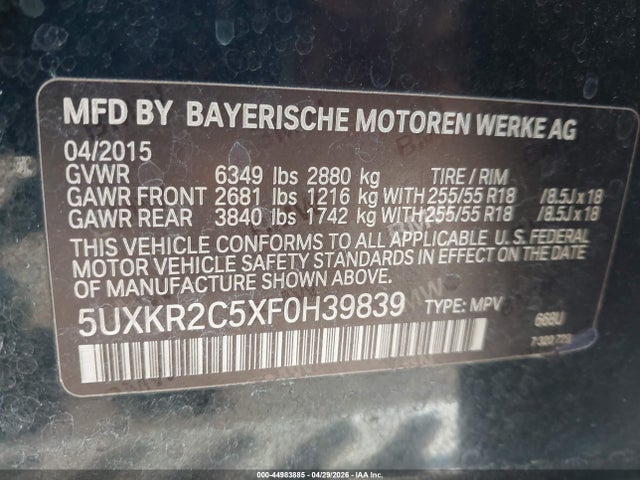 Aukcja sprzedaży 2015 Bmw X5 Sdrive35i, vin: 5UXKR2C5XF0H39839, numer aukcji: 44983885