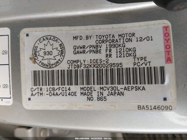 2002 Toyota Camry Le/se/xle მანქანა იყიდება აუქციონზე, vin: JTDBF32KX20029595, აუქციონის ნომერი: 44983886