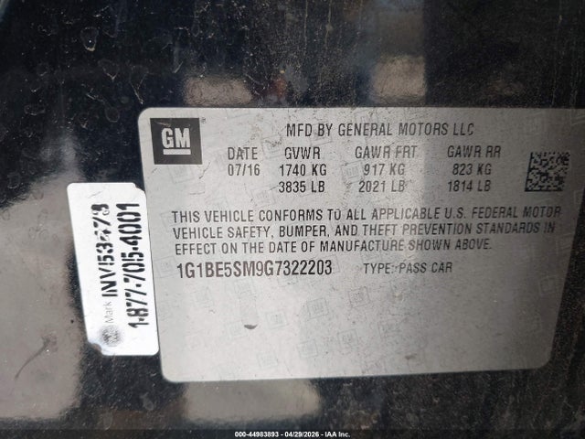 1G1BE5SM9G7322203 Chevrolet Cruze Lt Auto