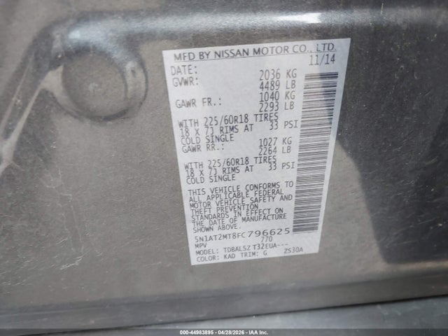 2015 Nissan Rogue Sl მანქანა იყიდება აუქციონზე, vin: 5N1AT2MT8FC796625, აუქციონის ნომერი: 44983895