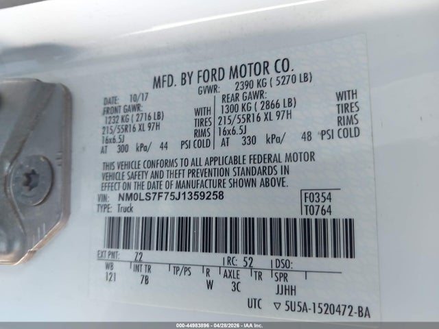 2018 Ford Transit Connect Xlt მანქანა იყიდება აუქციონზე, vin: NM0LS7F75J1359258, აუქციონის ნომერი: 44983896