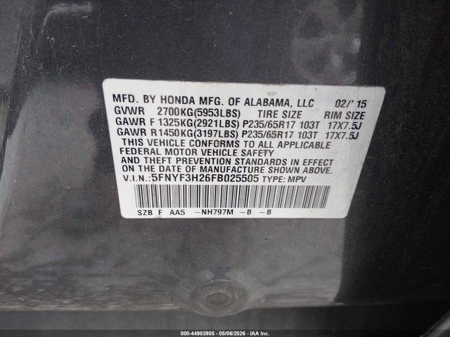 Продажа на аукционе авто 2015 Honda Pilot Lx, vin: 5FNYF3H26FB025505, номер лота: 44983905