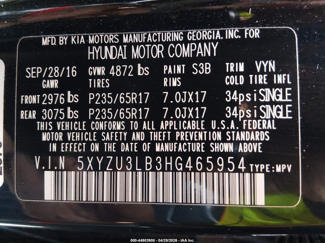 Aukcja sprzedaży 2017 Hyundai Santa Fe Sport 2.4l, vin: 5XYZU3LB3HG465954, numer aukcji: 44983908