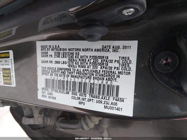 44983917 :رقم المزاد ، 4A4JM3AS7BE037006 vin ، 2011 Mitsubishi Endeavor Se مزاد بيع