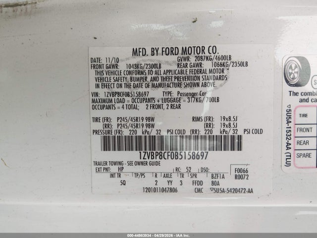 Aukcja sprzedaży 2011 Ford Mustang Gt Premium, vin: 1ZVBP8CF0B5158697, numer aukcji: 44983934