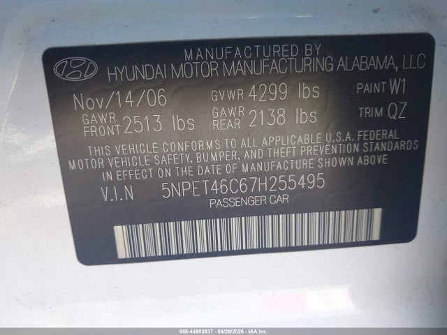 44983937 :رقم المزاد ، 5NPET46C67H255495 vin ، 2007 Hyundai Sonata Gls مزاد بيع