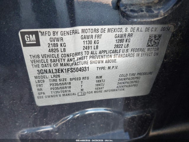 Продаж на аукціоні авто 2015 Chevrolet Captiva Sport Lt, vin: 3GNAL3EK1FS504931, номер лоту: 44983936