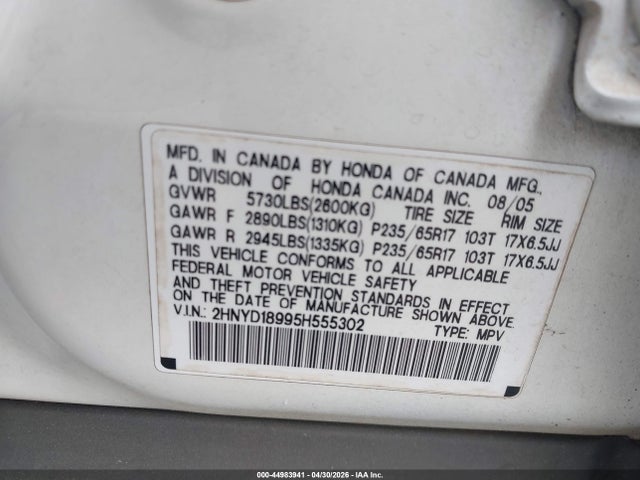 Aukcja sprzedaży 2005 Acura Mdx, vin: 2HNYD18995H555302, numer aukcji: 44983941