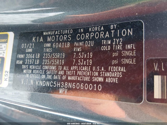 Aukcja sprzedaży 2022 Kia Carnival Mpv Ex, vin: KNDNC5H38N6060010, numer aukcji: 44983942