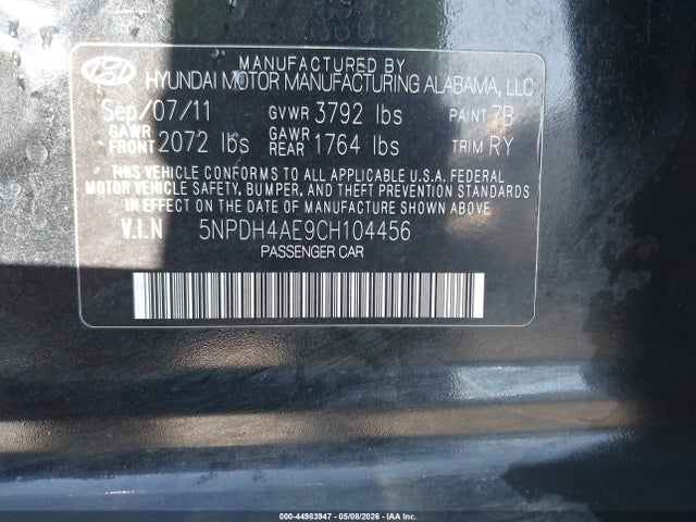 Продажа на аукционе авто 2012 Hyundai Elantra Limited, vin: 5NPDH4AE9CH104456, номер лота: 44983947