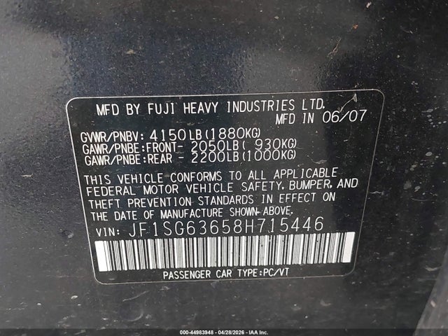 44983948 :رقم المزاد ، JF1SG63658H715446 vin ، 2008 Subaru Forester 2.5x مزاد بيع