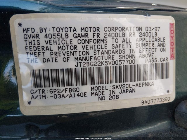 Продаж на аукціоні авто 1997 Toyota Camry Le, vin: JT2BG22K5V0057700, номер лоту: 44983949