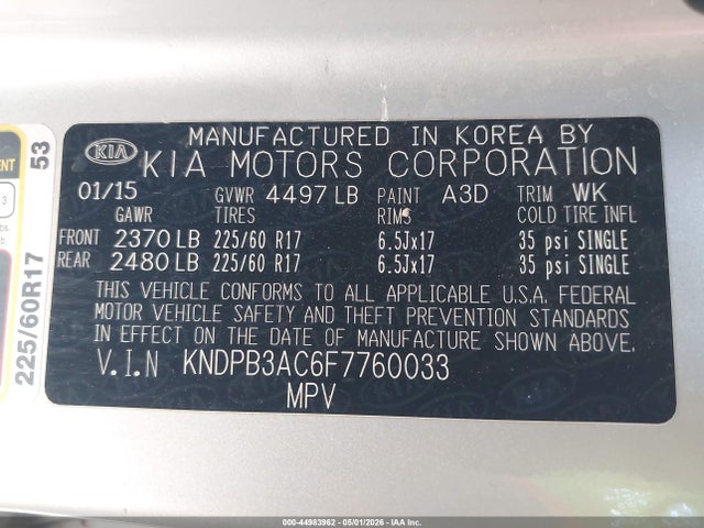 Aukcja sprzedaży 2015 Kia Sportage Lx, vin: KNDPB3AC6F7760033, numer aukcji: 44983962