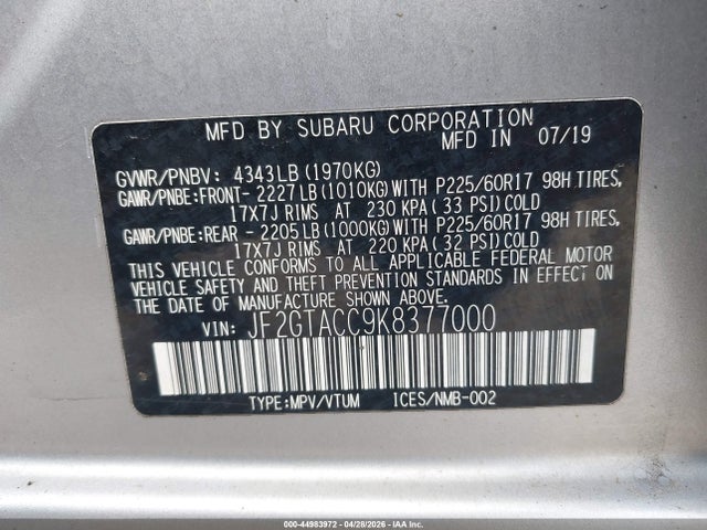 Продаж на аукціоні авто 2019 Subaru Crosstrek 2.0i Premium, vin: JF2GTACC9K8377000, номер лоту: 44983972