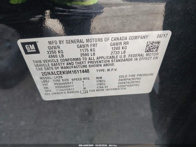 44983989 :رقم المزاد ، 2GNALCEK9H1611448 vin ، 2017 Chevrolet Equinox Lt مزاد بيع