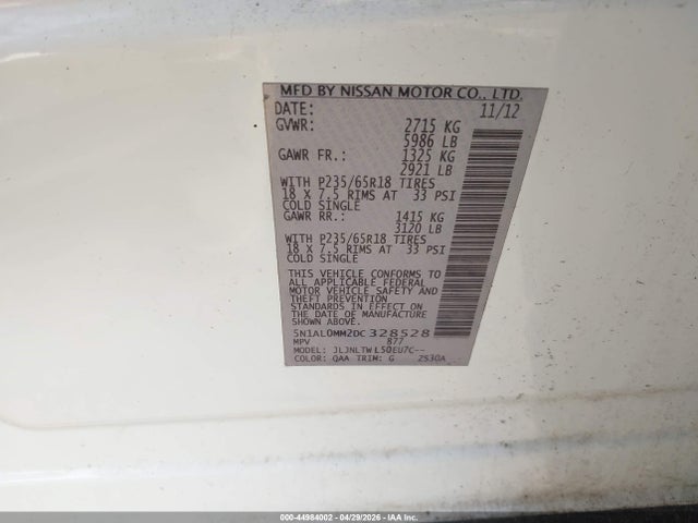 44984002 :رقم المزاد ، 5N1AL0MM2DC328528 vin ، 2013 Infiniti Jx35 مزاد بيع