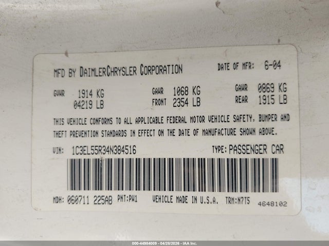 Aukcja sprzedaży 2004 Chrysler Sebring Lxi, vin: 1C3EL55R34N384516, numer aukcji: 44984009