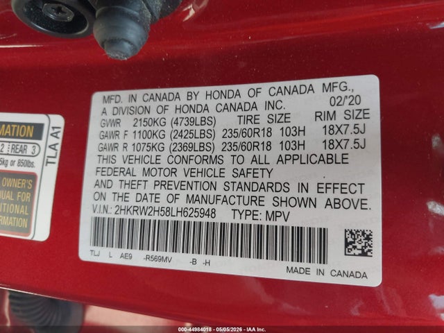 2020 Honda Cr-v Awd Ex მანქანა იყიდება აუქციონზე, vin: 2HKRW2H58LH625948, აუქციონის ნომერი: 44984018