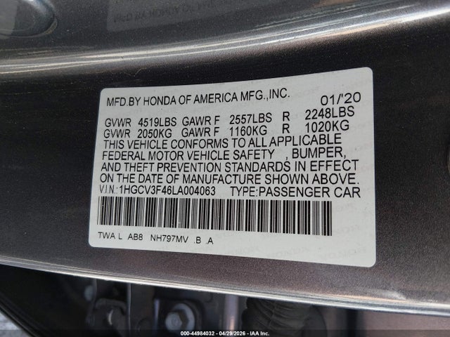 1HGCV3F46LA004063 Honda Accord Hybrid Ex