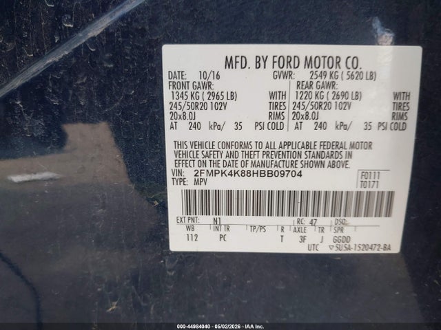 Продаж на аукціоні авто 2017 Ford Edge Titanium, vin: 2FMPK4K88HBB09704, номер лоту: 44984040