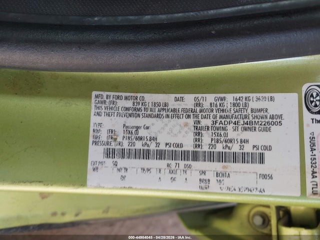 Продаж на аукціоні авто 2011 Ford Fiesta Se, vin: 3FADP4EJ4BM226005, номер лоту: 44984045