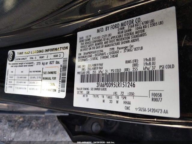 Aukcja sprzedaży 2020 Ford Fusion Titanium, vin: 3FA6P0D95LR151246, numer aukcji: 44984055