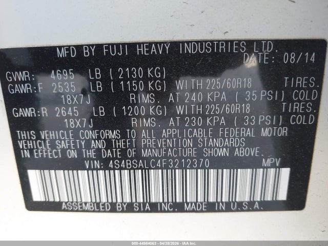 Продажа на аукционе авто 2015 Subaru Outback 2.5i Limited, vin: 4S4BSALC4F3212370, номер лота: 44984063