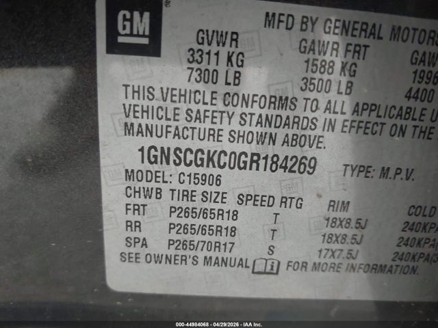 44984068 :رقم المزاد ، 1GNSCGKC0GR184269 vin ، 2016 Chevrolet Suburban Ls مزاد بيع