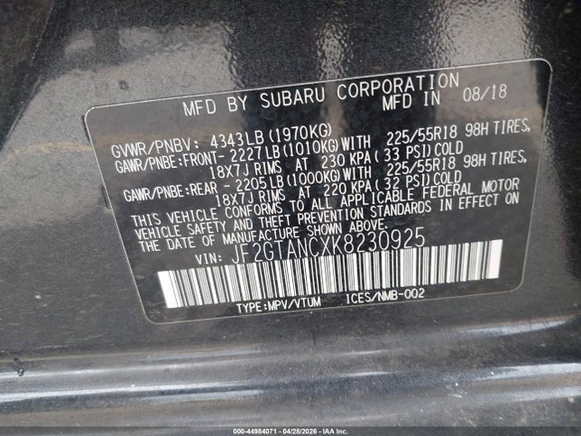 2019 Subaru Crosstrek 2.0i Limited მანქანა იყიდება აუქციონზე, vin: JF2GTANCXK8230925, აუქციონის ნომერი: 44984071