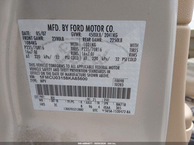 Продажа на аукционе авто 2008 Ford Escape Xlt, vin: 1FMCU03158KA85600, номер лота: 44984077