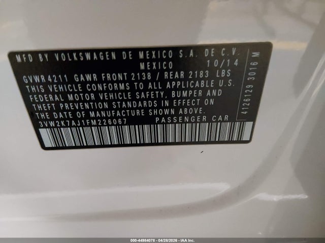Продаж на аукціоні авто 2015 Volkswagen Jetta 2.0l S, vin: 3VW2K7AJ1FM226067, номер лоту: 44984078
