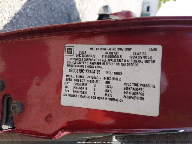Продаж на аукціоні авто 1999 Chevrolet S-10 Ls, vin: 1GCCS19X1X8104103, номер лоту: 44984079