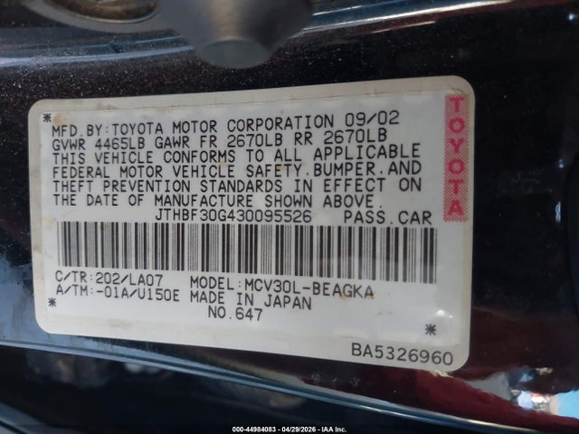 Продажа на аукционе авто 2003 Lexus Es 300, vin: JTHBF30G430095526, номер лота: 44984083