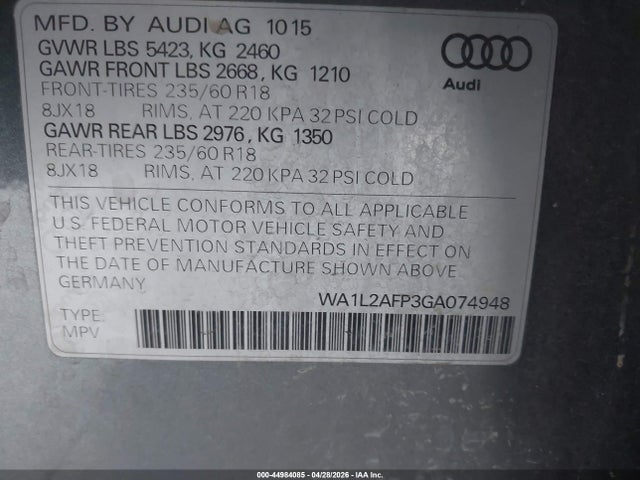 2016 Audi Q5 2.0t Premium მანქანა იყიდება აუქციონზე, vin: WA1L2AFP3GA074948, აუქციონის ნომერი: 44984085