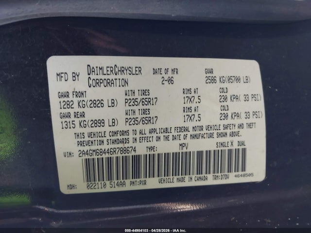 2006 Chrysler Pacifica Touring მანქანა იყიდება აუქციონზე, vin: 2A4GM68446R788674, აუქციონის ნომერი: 44984103
