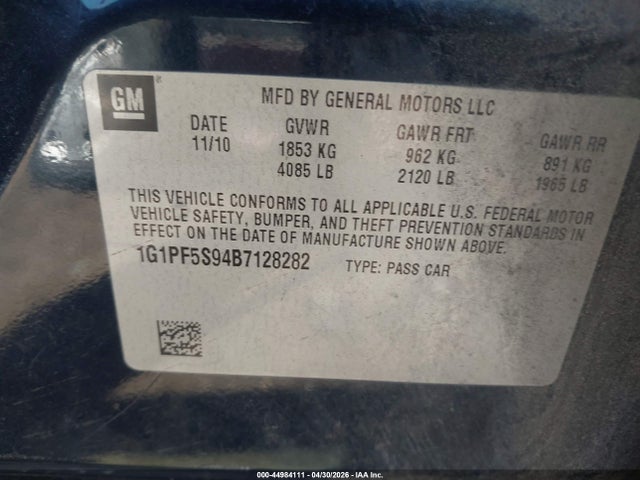 44984111 :رقم المزاد ، 1G1PF5S94B7128282 vin ، 2011 Chevrolet Cruze 1lt مزاد بيع