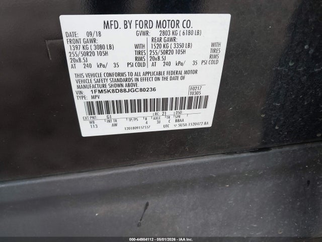 44984112 :رقم المزاد ، 1FM5K8D88JGC80236 vin ، 2018 Ford Explorer Xlt مزاد بيع