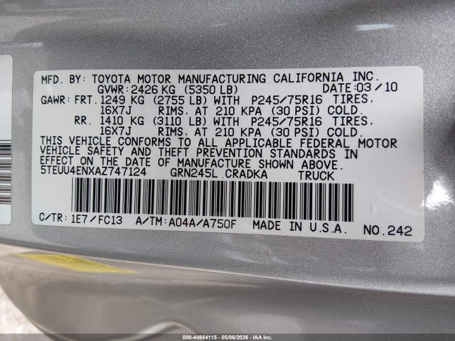 Aukcja sprzedaży 2010 Toyota Tacoma Base V6, vin: 5TEUU4ENXAZ747124, numer aukcji: 44984115