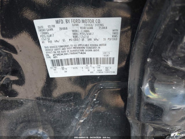 Продажа на аукционе авто 2008 Ford Edge Sel, vin: 2FMDK38C78BA71424, номер лота: 44984116